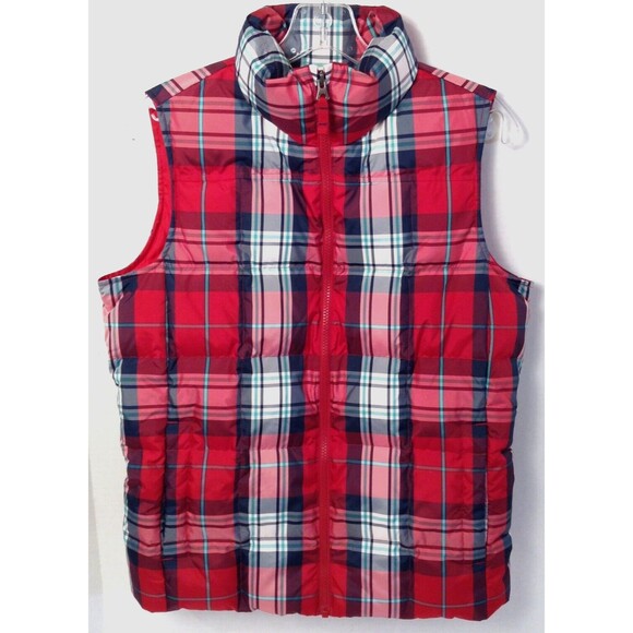 Lands End Vest Wmn S Red Plaid Feather Down Puffer Quilted Zip Preppy Outdoors - Picture 1 of 12